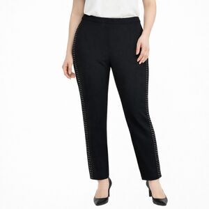 Wool Blend Rhinestone Pants St. John Stripe Skinny Leg Slit Hem Black 4